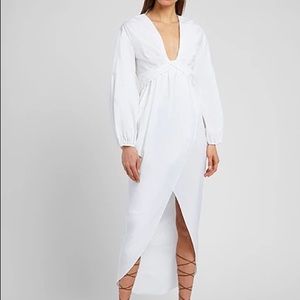 8 by YOOX COTTON BISHOP SLEEVES DEEP V-NECK MAXI DRESS White 10 Label:46 IT